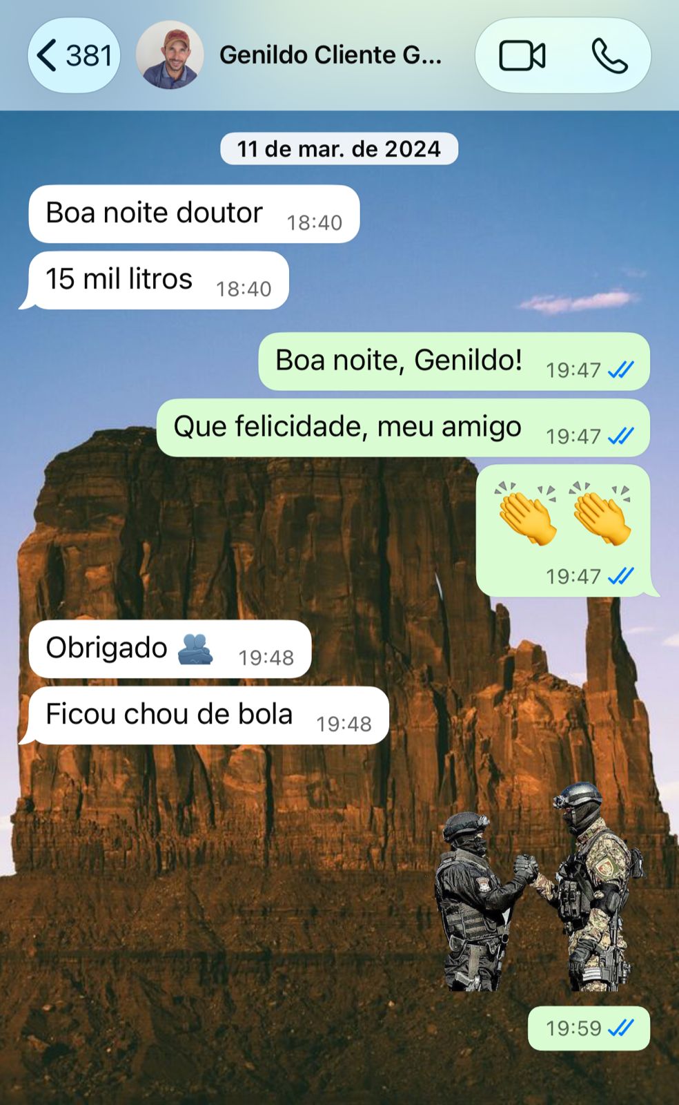 Print de conversa do cliente Genildo comemorando o resultado do poço, com 15 mil litros